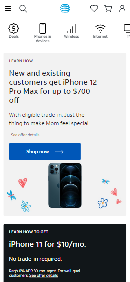 Mobile version of the AT&T website.